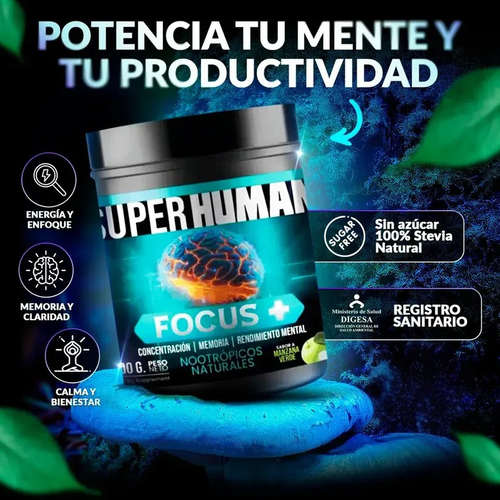 SuperHuman™  Focus+ Nootrópico Natural para un Máximo Rendimiento Mental Potenciador de Memoria y Productividad (300 gramos)